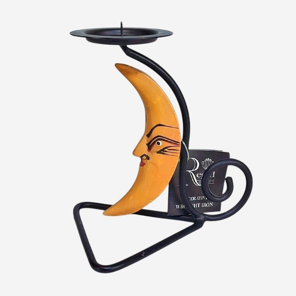 Vintage 90s Crescent Moon Face Wrought Iron Pillar Candle Holder NWT OS